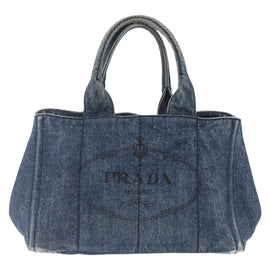 PRADA Canapa MM Hand Bag Denim Blue Gold Auth 168690 - 0