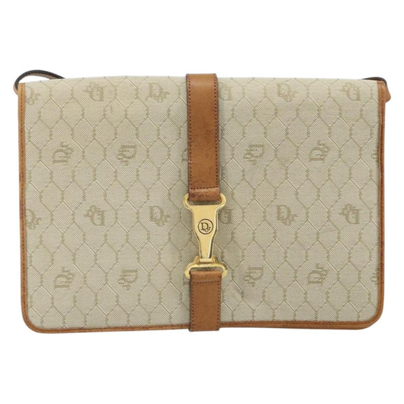 Christian Dior Honeycomb Canvas Shoulder Bag PVC Beige Gold Auth 168691