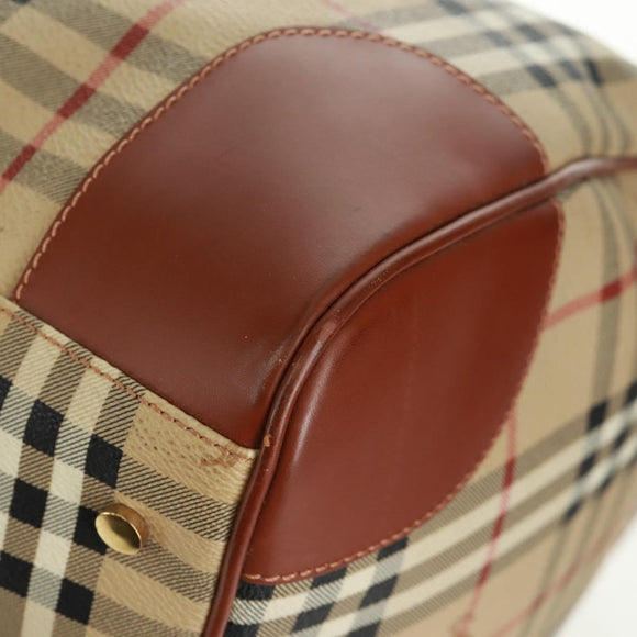 BURBERRY Nova Check Boston Bag PVC Leather 2way Beige Gold Auth 168710V