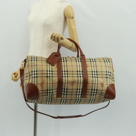 BURBERRY Nova Check Boston Bag PVC Leather 2way Beige Gold Auth 168710V