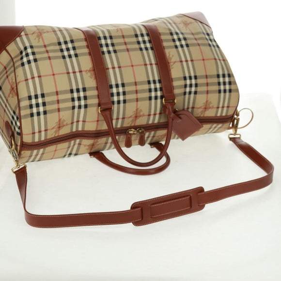 BURBERRY Nova Check Boston Bag PVC Leather 2way Beige Gold Auth 168710V