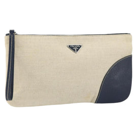 PRADA Pouch Canvas Beige Silver Auth 168720