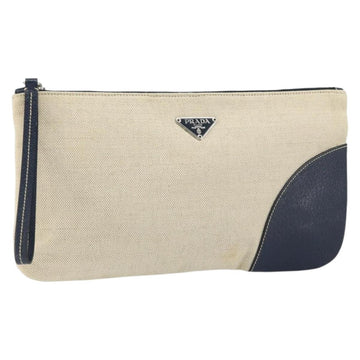 PRADA Pouch Canvas Beige Silver Auth 168720