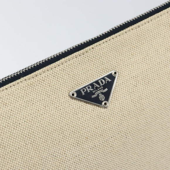 PRADA Pouch Canvas Beige Silver Auth 168720