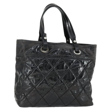 CHANEL Paris Biarritz Tote Bag Patent leather Black Silver CC Auth 168723
