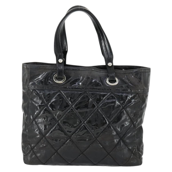 CHANEL Paris Biarritz Tote Bag Patent leather Black Silver CC Auth 168723