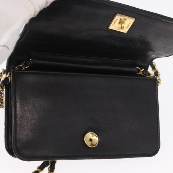 CHANEL Matelasse Chain Shoulder Bag Lamb Skin Black Gold CC Auth 168744