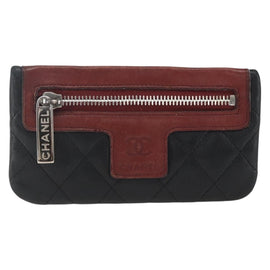 CHANEL Matelasse Coin Purse Lamb Skin Black Silver CC Auth 168761 - 0