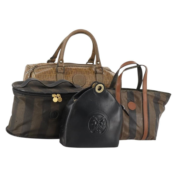 FENDI Zucchino Canvas Pekan Handtasche 4er Set Braun Schwarz Auth 168826