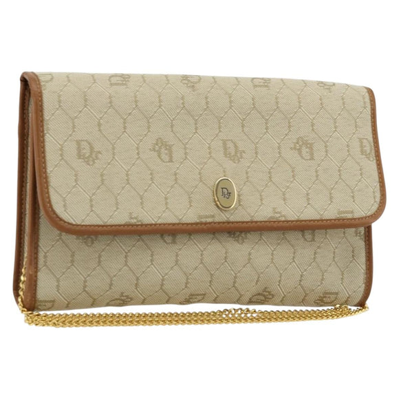 Christian Dior Honeycomb Canvas Shoulder Bag Beige Gold Auth 168850