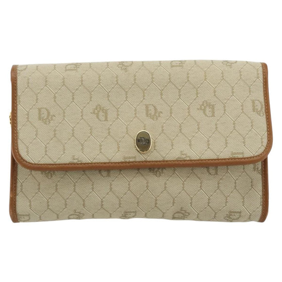 Christian Dior Honeycomb Canvas Shoulder Bag Beige Gold Auth 168850