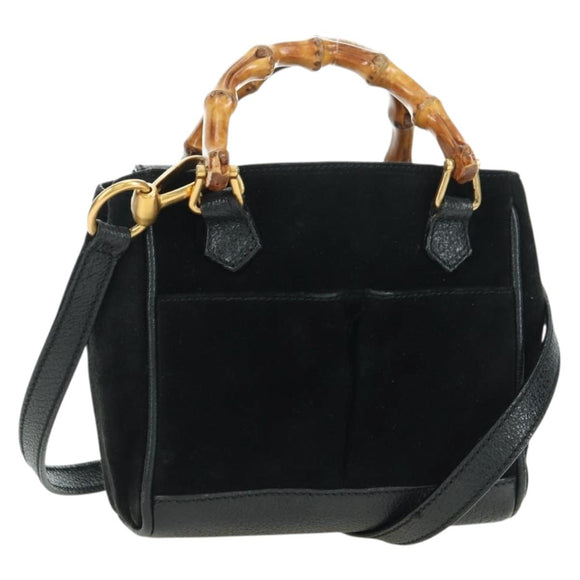 GUCCI Bamboo Hand Bag Leather 2way Black Gold 007 2214 0238 Auth 168853A