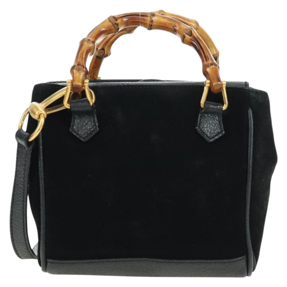 GUCCI Bamboo Hand Bag Leather 2way Black Gold 007 2214 0238 Auth 168853A