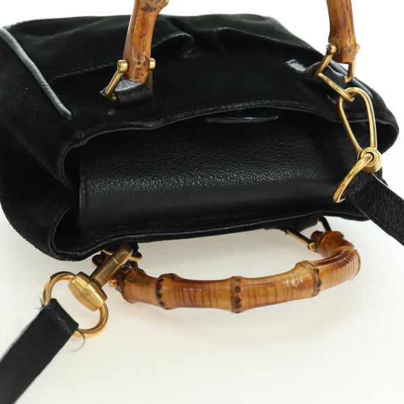 GUCCI Bamboo Hand Bag Leather 2way Black Gold 007 2214 0238 Auth 168853A