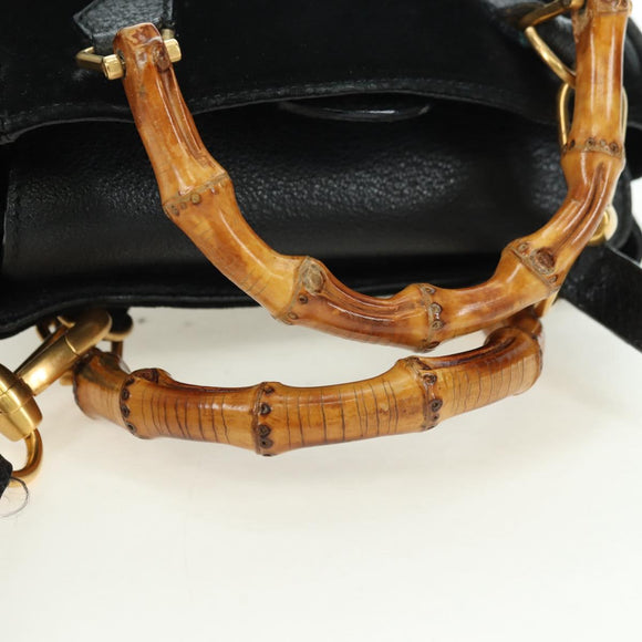 GUCCI Bamboo Hand Bag Leather 2way Black Gold 007 2214 0238 Auth 168853A