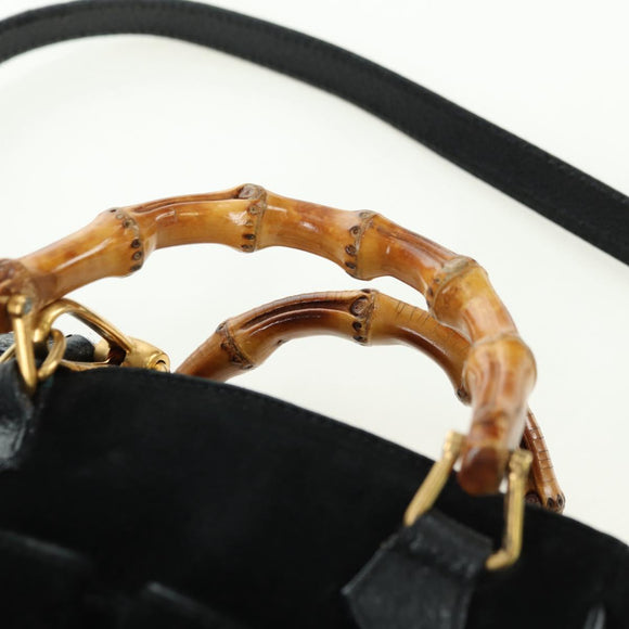 GUCCI Bamboo Hand Bag Leather 2way Black Gold 007 2214 0238 Auth 168853A
