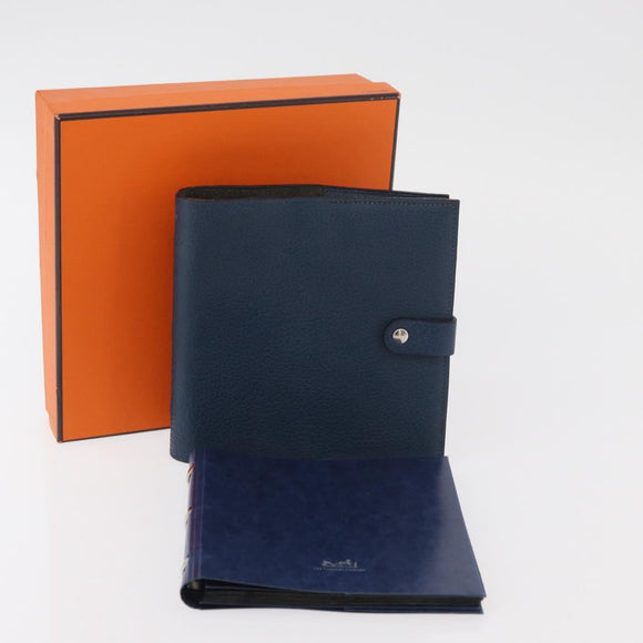 HERMES CD Case Leather Navy Silver Auth 168886