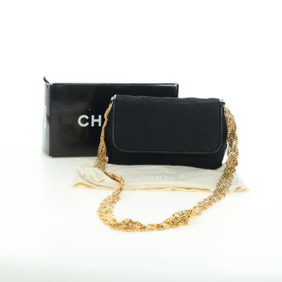 CHANEL Matelasse Chain Shoulder Bag Satin Black Gold CC Auth 168914V