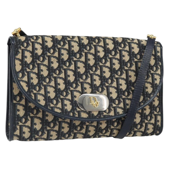 Christian Dior Trotter Canvas Shoulder Bag Navy Gold Auth 168921