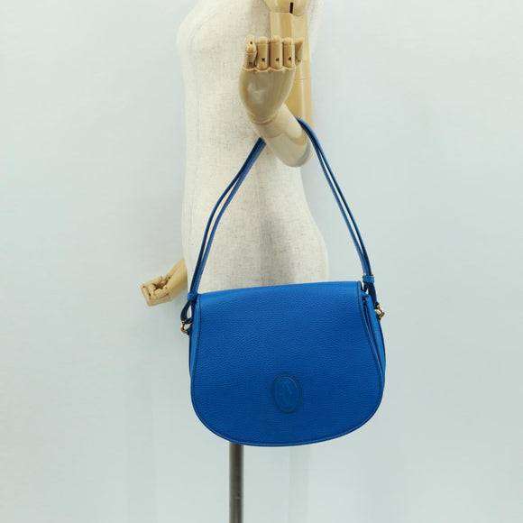 CARTIER Must Line Shoulder Bag Leather Blue Gold Auth 168927V