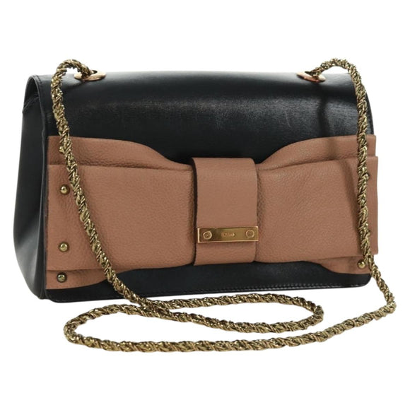 Chloe Chain June Shoulder Bag Leather Black Gold Auth 168935V