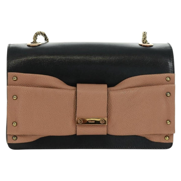 Chloe Chain June Shoulder Bag Leather Black Gold Auth 168935V