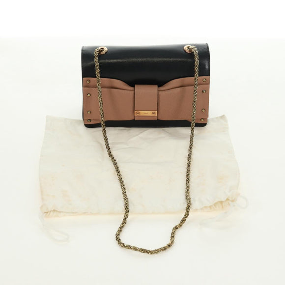 Chloe Chain June Shoulder Bag Leather Black Gold Auth 168935V