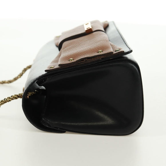 Chloe Chain June Shoulder Bag Leather Black Gold Auth 168935V