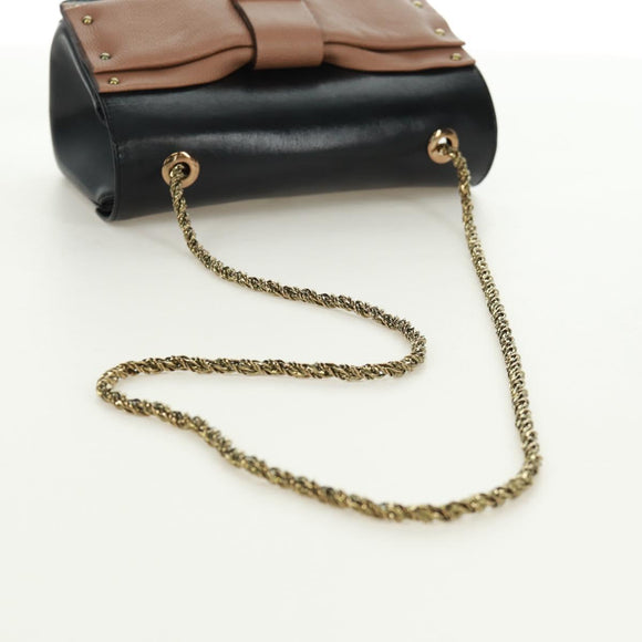 Chloe Chain June Shoulder Bag Leather Black Gold Auth 168935V