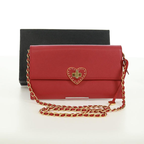 PRADA Chain Shoulder wallet Shoulder Bag Safiano leather Red Gold Auth 168938V
