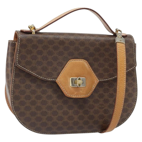 CELINE Macadam Canvas Shoulder Bag PVC Leather 2way Brown Gold Auth 168969