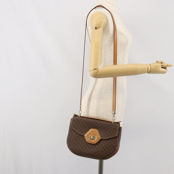 CELINE Macadam Canvas Shoulder Bag PVC Leather 2way Brown Gold Auth 168969