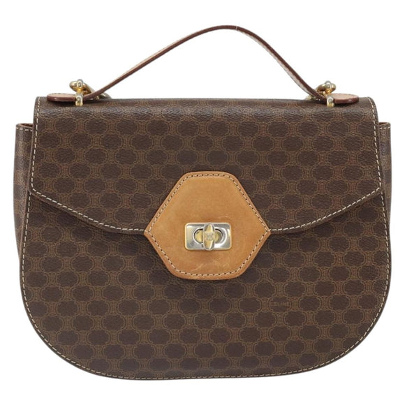 CELINE Macadam Canvas Schultertasche PVC Leder 2-Wege Braun Gold Auth 168969