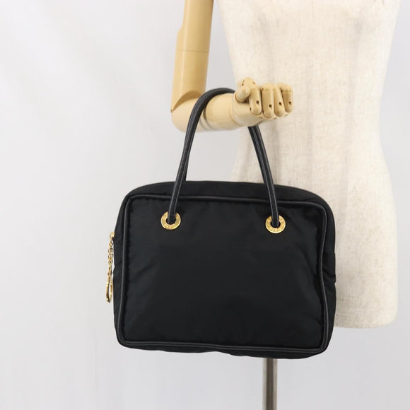 CELINE Circle Hand Bag Nylon Black Gold Auth 168970