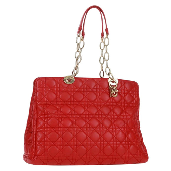 Christian Dior Canage Chain Tote Bag Lamb Skin Red Gold Auth 168978M