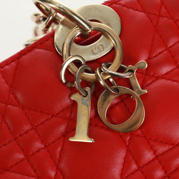Christian Dior Canage Chain Tote Bag Lamb Skin Red Gold Auth 168978M