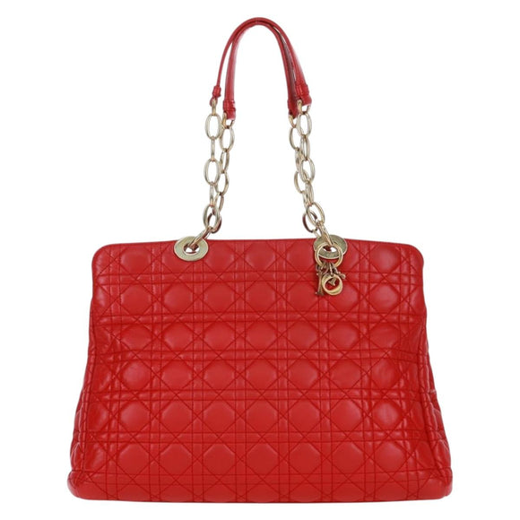 Christian Dior Canage Chain Tote Bag Lamb Skin Red Gold Auth 168978M