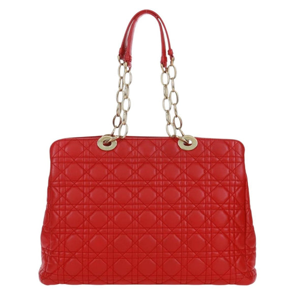 Christian Dior Canage Chain Tote Bag Lamb Skin Red Gold Auth 168978M