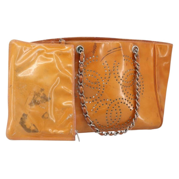 CHANEL Chain Tote Bag Patent leather Orange Silver CC Auth 169018