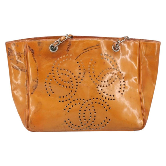 CHANEL Chain Tote Bag Patent leather Orange Silver CC Auth 169018