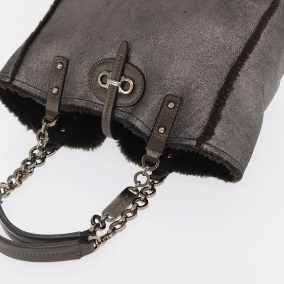 Salvatore Ferragamo Gancini Hand Bag Mouton Gray Auth 169029