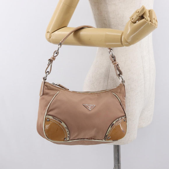PRADA Shoulder Bag Nylon Beige Silver Auth 169041
