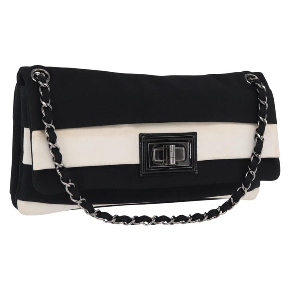 CHANEL 2.55 Chain Shoulder Bag Nylon Black Silver CC Auth 169050