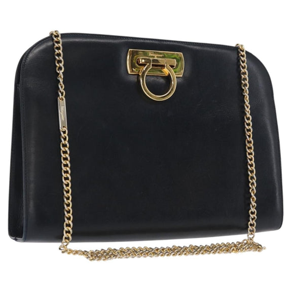 Salvatore Ferragamo Gancini Chain Shoulder Bag Leather Navy Gold Auth 169051
