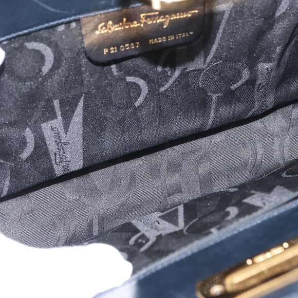 Salvatore Ferragamo Gancini Chain Shoulder Bag Leather Navy Gold Auth 169051