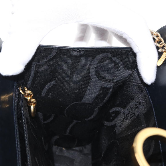 Salvatore Ferragamo Gancini Chain Shoulder Bag Leather Navy Gold Auth 169051