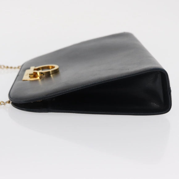 Salvatore Ferragamo Gancini Chain Shoulder Bag Leather Navy Gold Auth 169051