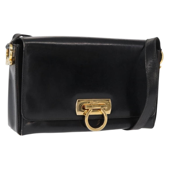 Salvatore Ferragamo Gancini Shoulder Bag Leather Gold Black Auth 169058