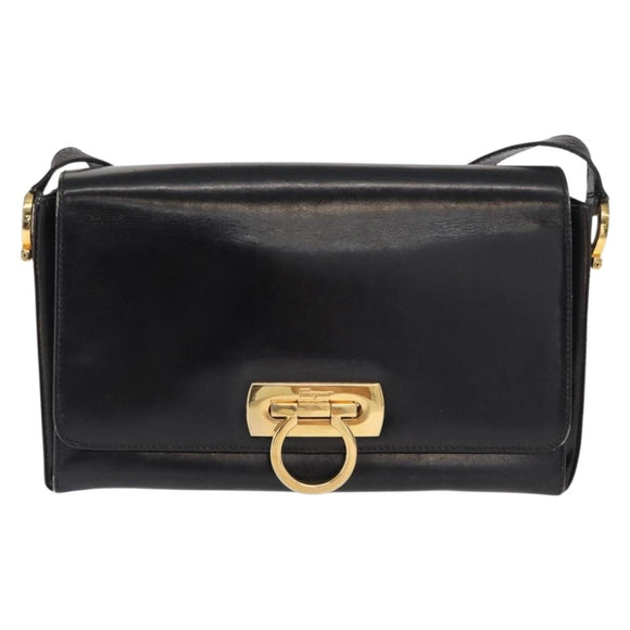 Salvatore Ferragamo Gancini Shoulder Bag Leather Gold Black Auth 169058