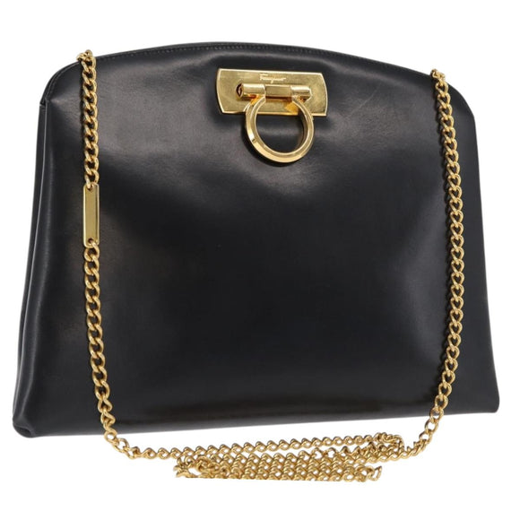 Salvatore Ferragamo Gancini Chain Shoulder Bag Leather Black Gold Auth 169084